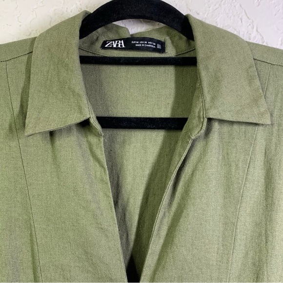 ZARA Dress Midi Shirt Wooden Button Down Olive Green Johnny Collar Elastic Waist - Picture 7 of 10